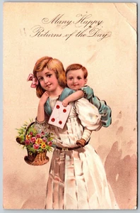 Postcard Many Happy Returns of the Day Birthday Girl Piggybacking Baby Cute - Picture 1 of 2