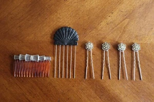 Vintage Lot Hair Pick Comb Lift Claw Faux Tortoise Shell (4) Rhinestone Pins - Picture 1 of 11