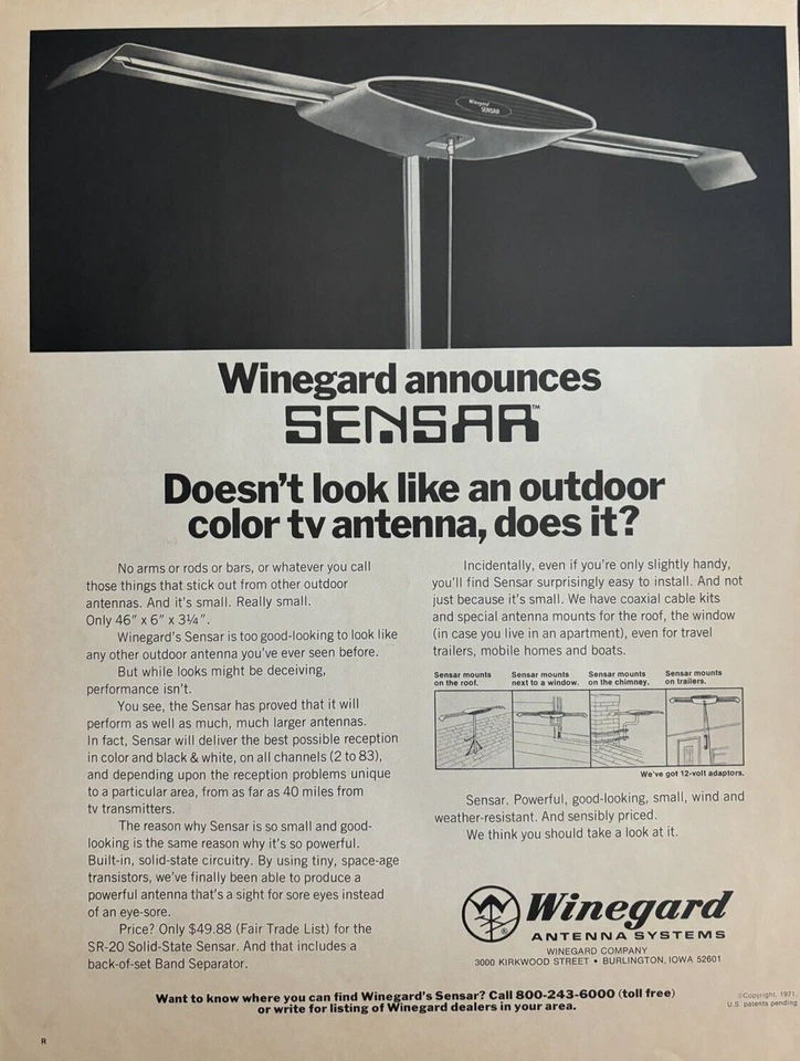 1971 Winegard Sensar Antenna Burlington Iowa TV Color 12 Volt Vintage Print Ad - Image 1 of 1