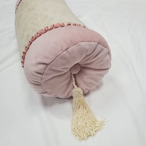 JC Penney Home Bolster PILLOW Pink Velour Fringed Cream Floral Neck Roll Decor - Picture 1 of 11