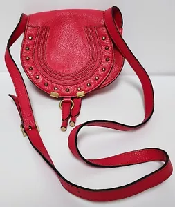 Chloe Marcie Grained Calfskin Leather Small Flap Saddle Crossbody Bag Red - Picture 1 of 14