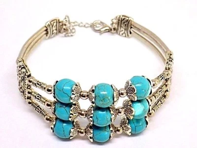 Turquoise Beaded Tibetan Style Cuff Bangle Bracelet, W/Gift Box - Image 1 of 4