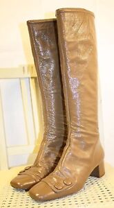 NANETTE LEPORE Tan Patent Leather 70s Style Knee High Zip Up Boots 6M Spain!!