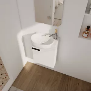 Tobador de baño flotante de madera de 16" + fregadero redondo para espacio pequeño blanco - Imagen 1 de 9