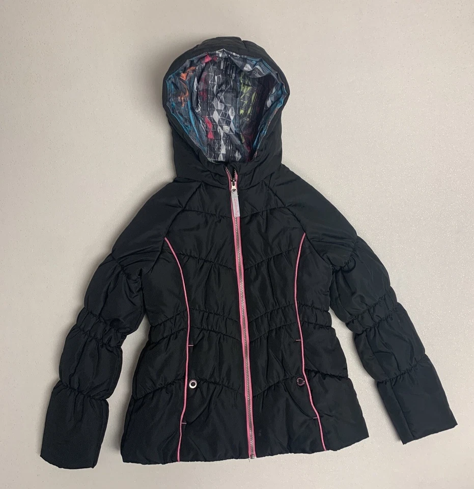 Abrigo London Niebla Niñas L 14-16 Capucha Puffer Negro Rosa Borde Forrado Bolsillos a Presión Foto 1 de 4
