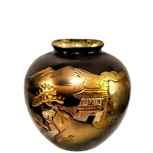 Mount Fuji schwarz gold & silber geätzte japanische Chokin Emaille Messing Vase 2,5" - Bild 1 von 9