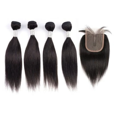 4 Bundles With 4x1 Lace Closure 200gHuman Hair Extension Natural Color Soft Hair - Image 1 of 4