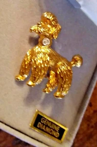 Vintage Gold Tone Poodle Pin Brooch With Genuine Diamond, Box - Picture 1 of 7