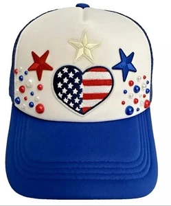 Patriotic USA Red/ Blue Custom 2 Pack Pearl Embellished Trucker Hat Snapback Set - Picture 1 of 8