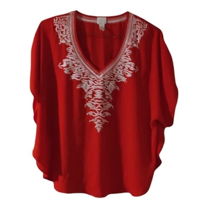 Camicia blusa Chico's rossa trasparente con ricamo bianco taglia media - Foto 1 di 5