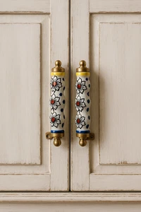 Manija de cajón de cerámica roja azul pintado a mano 2 piezas 4 pulgadas de largo - Imagen 1 de 8
