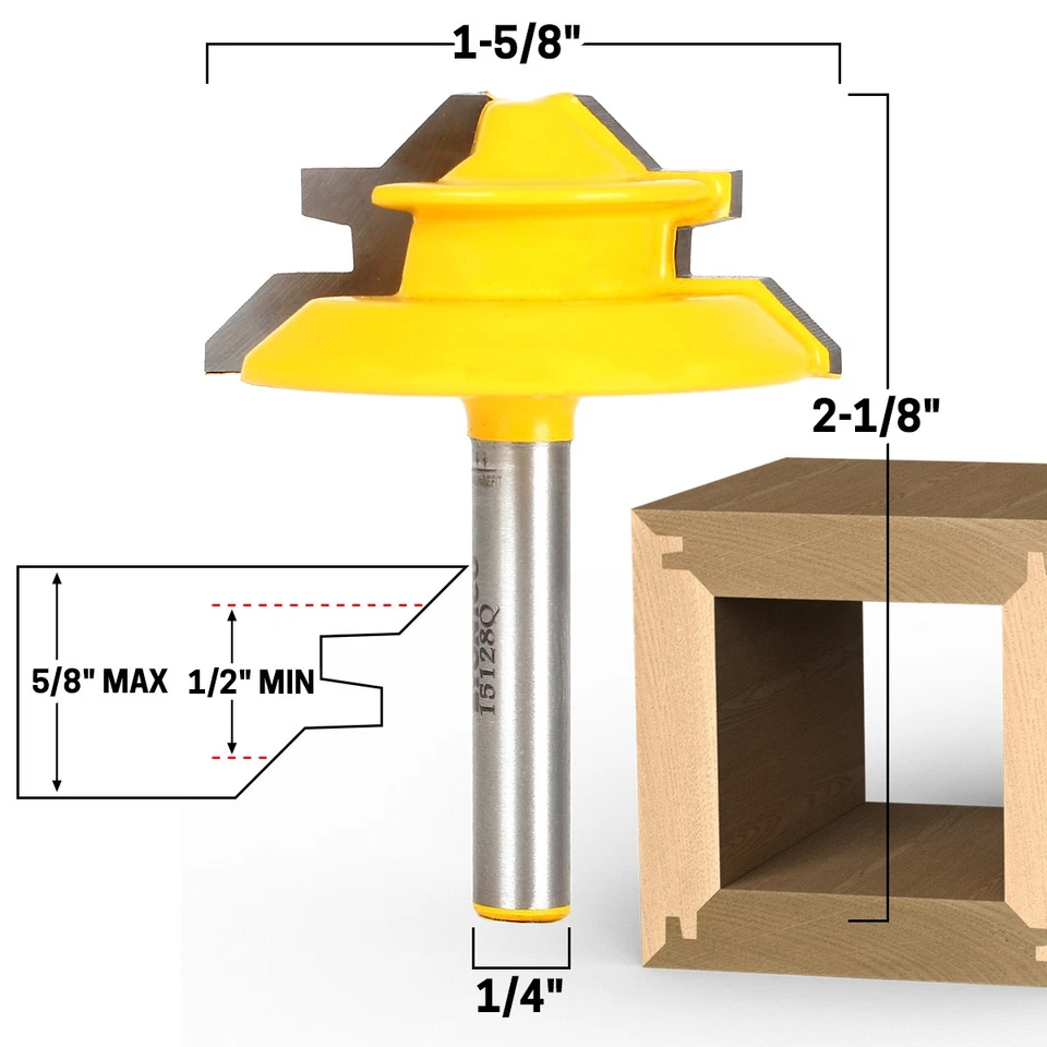 45 Degree - Up to 5/8" Stock Lock Miter Router Bit - 1/4" Shank - Yonico 15128q - Image 1 of 1