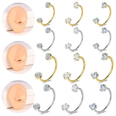 3Pcs 18G Stainless Steel Horseshoe Nose Rings Septum Piercing CZ Helix Earrings - Image 1 of 4