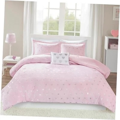  Queen Comforter Set, 4 Piece Metallic Hearts Cozy Full/Queen Pink/Silver - Image 1 of 4