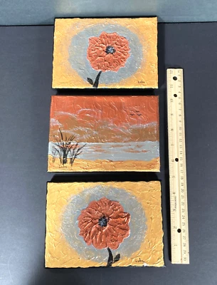 Set 3 Paintings Acrylic on Canvas Signed Landscape Metallic  5 x 7 inch stretchd - Image 1 of 4