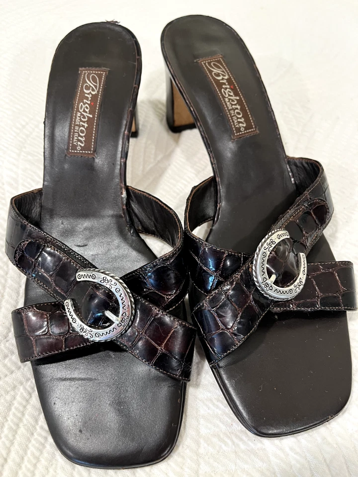 Sandálias de couro de crocodilo marrom mula Brighton Tamyra tamanho 8M prata fivela de ferradura - Imagem 1 de 4