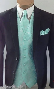 Aqua Green XS to 6XL Men Paisley Dress Vest Waistcoat & Neck tie and Hankie Set - Picture 1 of 5