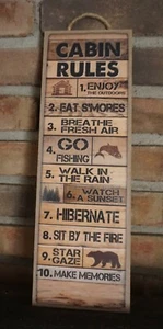 Rustic Cabin Rule Sign Bear Lodge Fishing Camping Man Cave Wood Plank Home Decor - Picture 1 of 6