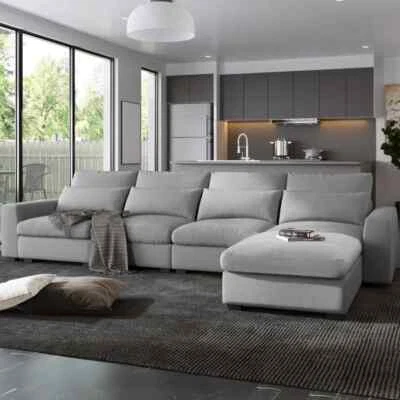 Modern Nordic Style Light Grey Minimalist Sofa Living Room L-Shape Couch Linen - Image 1 of 4