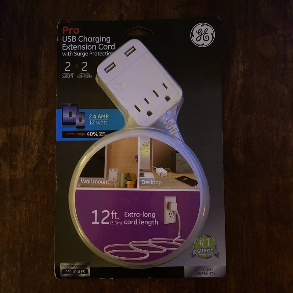GE General Electric USB Charging 12ft Extension Cord Surge Protection 2 Outlets - Imagem 1 de 2