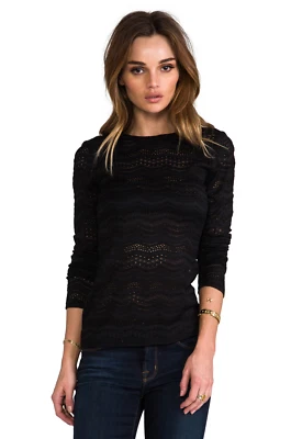 BCBG MAX AZRIA FAE TOP NEGRO MANGA LARGA CROCHET BORDADO OJALES CUELLO REDONDO M Foto 1 de 4
