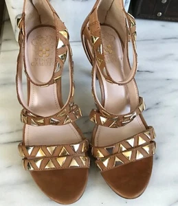 Vince Camuto Tan Leather Studded Sandals Size 37 Ankle Strap Back Zip, Heels - Picture 1 of 10
