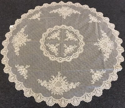 70" Round Embroidery Handmade Beaded Pearl Sheer Tablecloth 2 Layers Napkins - Image 1 of 4