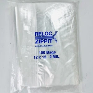 12" x 15" Reloc Zippit Bags  2 Mil 100 Bags Clear Reclosable Zip Seal - Picture 1 of 6