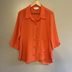 Peck & Peck 3/4 Sleeve Lagenlook Asymmetrical Hi Lo Hem Button Up Blouse Size M - Picture 1 of 12