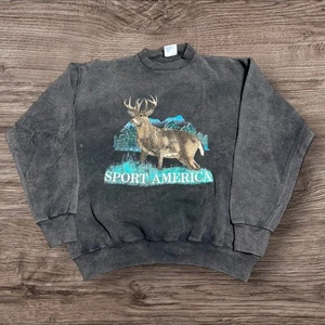 Sudadera De Colección Años 90 Nature Animal Ciervo Cuello Redondo Para Hombres L Años 90 Desteñida Usada Gris - Imagen 1 de 6