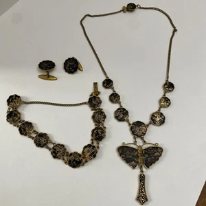 Japanisches Vintage Damaszener Schmuckset Halskette Armband Manschettenknöpfe Schmetterling AMITA - Bild 1 von 11