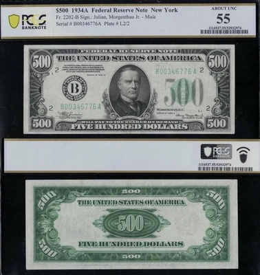 SC 1934A $500 纽约,纽约 FRN Fr.2202-B PCGS 55 关于 UNC (776A) — 第 1/4 张图片