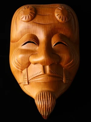 Antigua máscara japonesa vintage Hinoki de madera NOH -Okina- 翁面 Foto 1 de 4