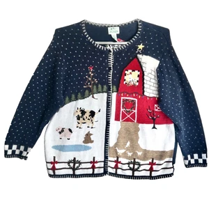 Quacker Factory Bauernhof Tiere malerische Weihnachtsstrickjacke Damen 3X plus Pullover Vintage - Bild 1 von 19