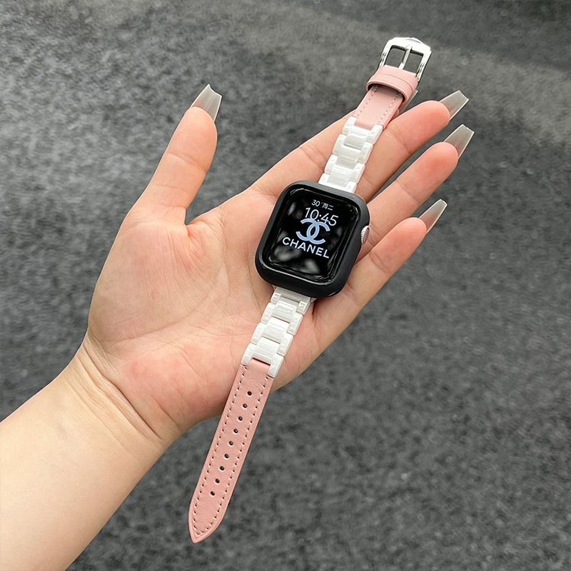 Correa de cuero genuino con eslabones de cerámica brillante para Apple Watch Ultra 2 9 8 7 6 Foto 1 de 4