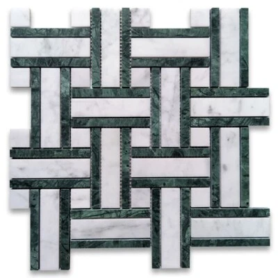 Azulejo de mosaico tejido canasta hilo mármol blanco Carrara verde indio afilado C66A2XH Foto 1 de 4