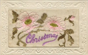WWI, CHRISTMAS, FLOWERS - Embroidered Silk Greetings Postcard - Picture 1 of 2
