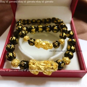 1pcs Pure 999 24K Yellow Gold Dragon Pixiu Coin Beads Agate Bracelet Big One - Picture 1 of 9