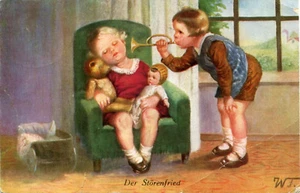 AK Künstlerkarte 1932 Der Störenfried - Mädchen schläft ... Junge trompetet - Picture 1 of 1