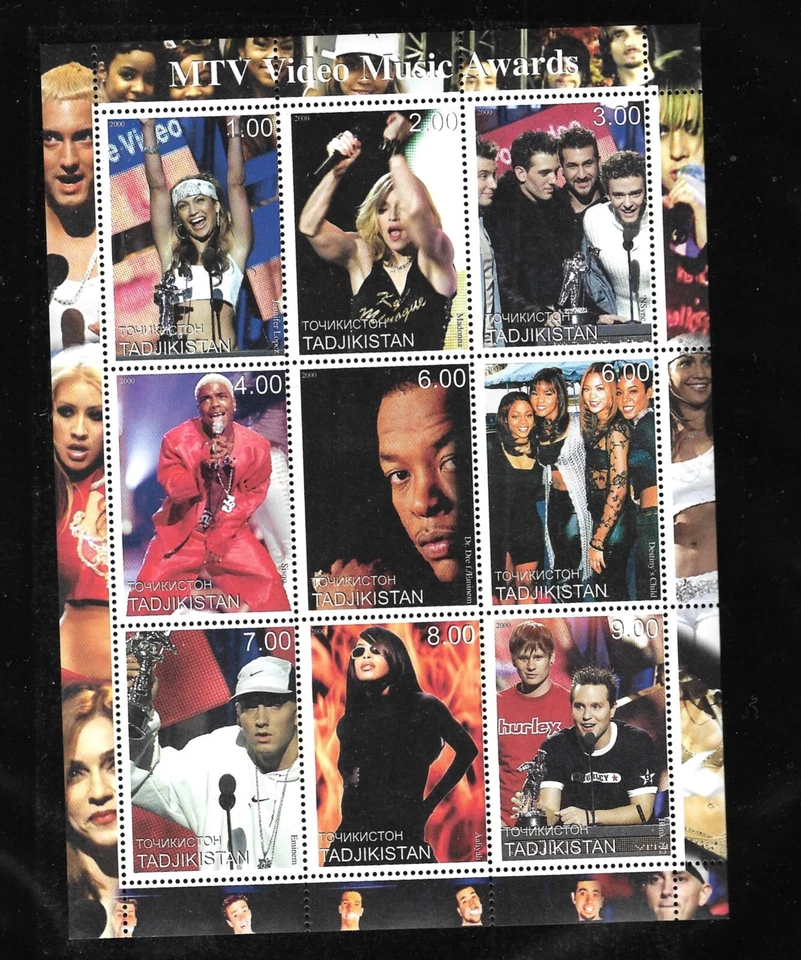 MNH 2000 Tayikistán MTV Video Música Premios 9 Estampillas Souvenir Hoja Cantantes Pop Foto 1 de 1