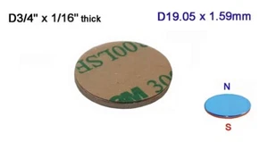 D3/4" x 1/16" thick, N52, Rare Earth, Neodymium Disc Magnet 3M Adhesive - 10pc - Foto 1 di 1