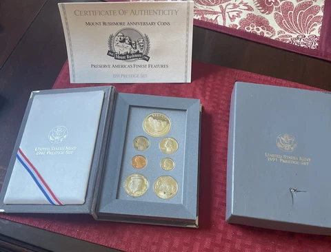 1991-S US Mint Prestige Proof Set Mt Rushmore Silver Dollar Box & COA 7 Coins Cover