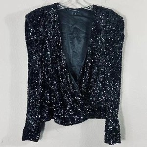 French Connection Blue Sequin Padded Shoulder Wrap Jacket Sz 8 B-LB - Picture 1 of 5