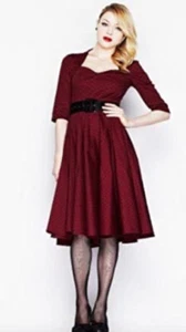 Hell Bunny Vixen Sz M Pinup Polka Dot 3/4 Sleeve Burgundy Rockabilly Dress 50’s - Picture 1 of 5