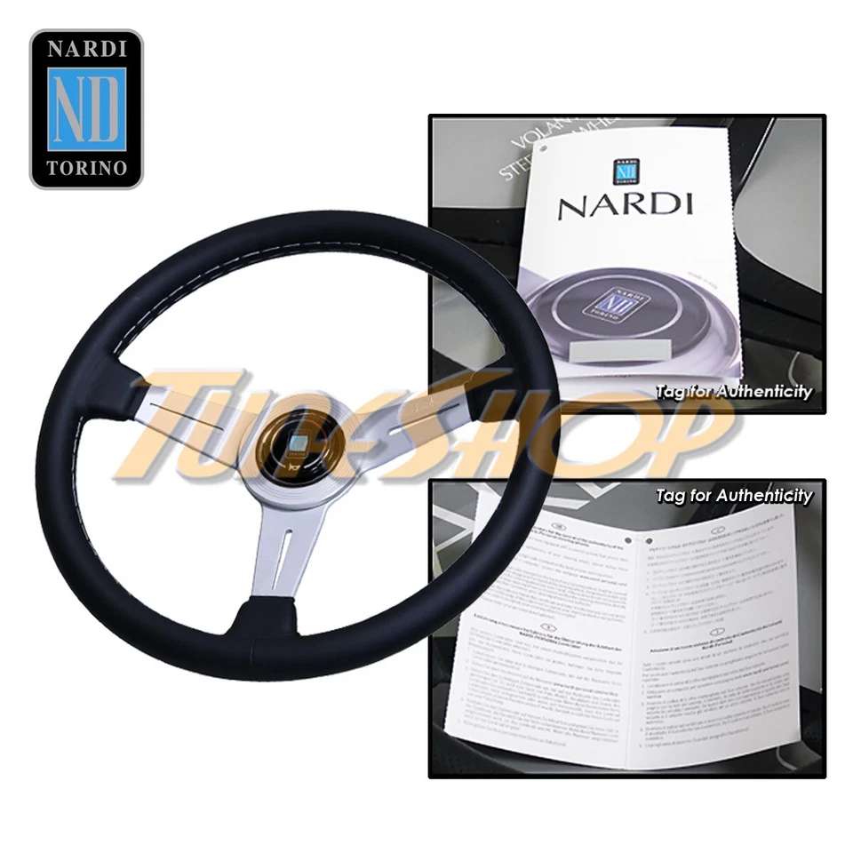 ITALY NARDI CLASSIC 360MM STEERING WHEEL SILVER SPOKE BLACK LEATHER GREY S - Image 1 of 1