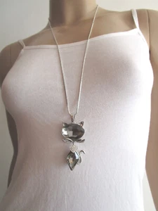 Damen Hals Kette Bettelkette Modekette lang XL Strass Katze Silber Bling Bling - Bild 1 von 4