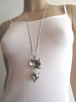 Damen Hals Kette Bettelkette Modekette lang XL Strass Katze Silber Bling Bling - Bild 1 von 4