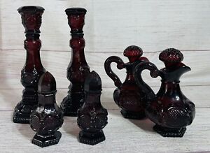 Avon Cape Cod Ruby Red Lot Candle Sticks, Cruets, S&P Shakers. All Full Lot Of 6