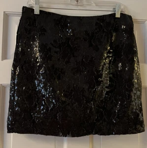 NEW Kenar Black Gold Floral Lace Sequin Embellished Stretch Mini Skirt 8 - Picture 1 of 13
