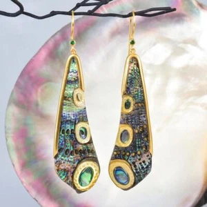 Dragonfly Wing Earrings Abalone Carving Gold Vermeil Sterling & Emerald 11.20 g - Picture 1 of 12
